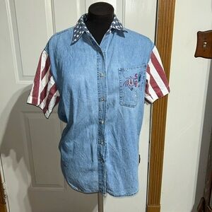 Let’s Quizz Again American USA Flag Short Sleeve Denim Button Down Top Size S